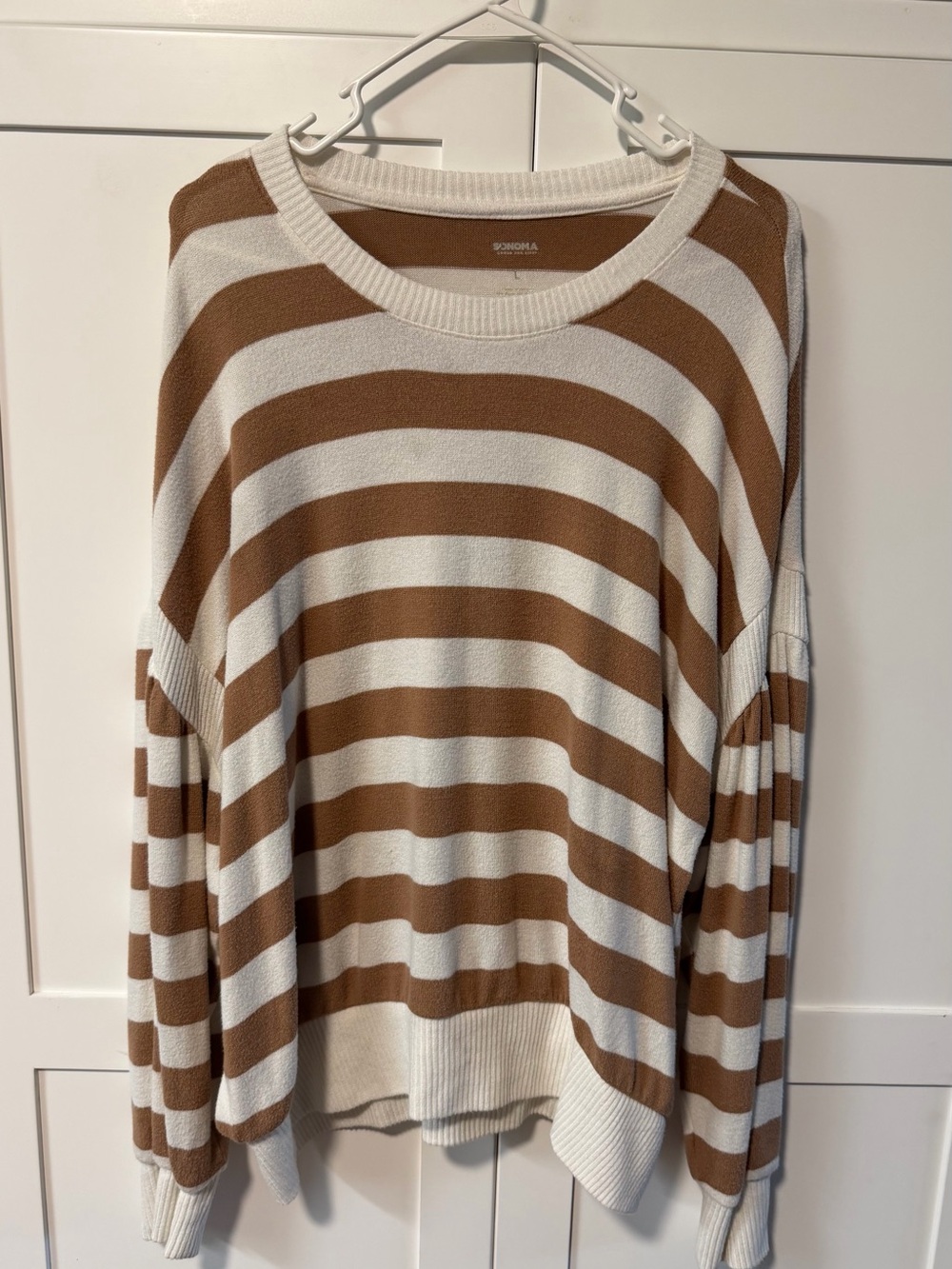 Sonoma Cream and Brown Striped Crewneck Sweater